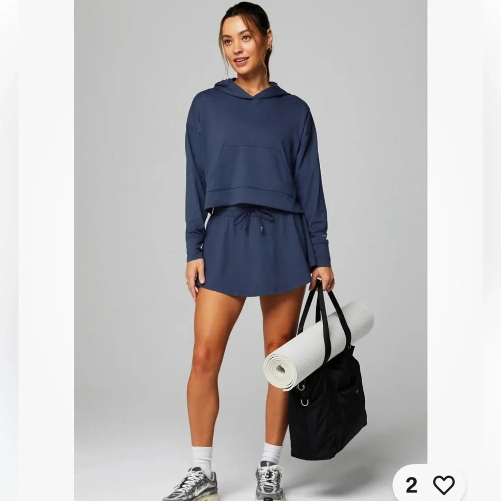 Fabletics Cloud Jersey Cropped Hoodie - Deep Navy Heather - Size Medium NEW - Picture 12 of 12